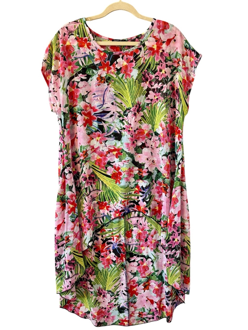 Cha Cha Vente Tropical Floral High Low Dress/ Swim Coverup Medium Pink Green